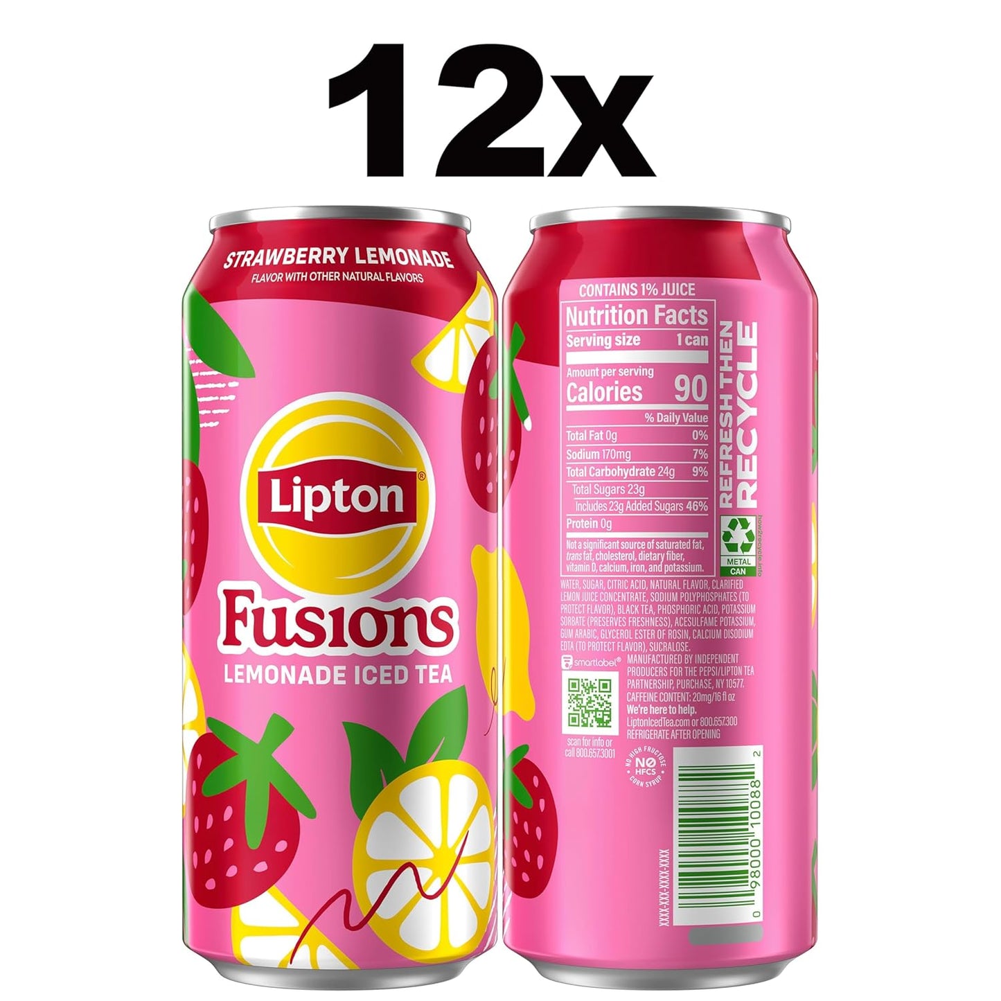 Lipton Fusions, Strawberry Lemonade & Iced Tea, 16 Fl Oz Cans (Pack of 12)