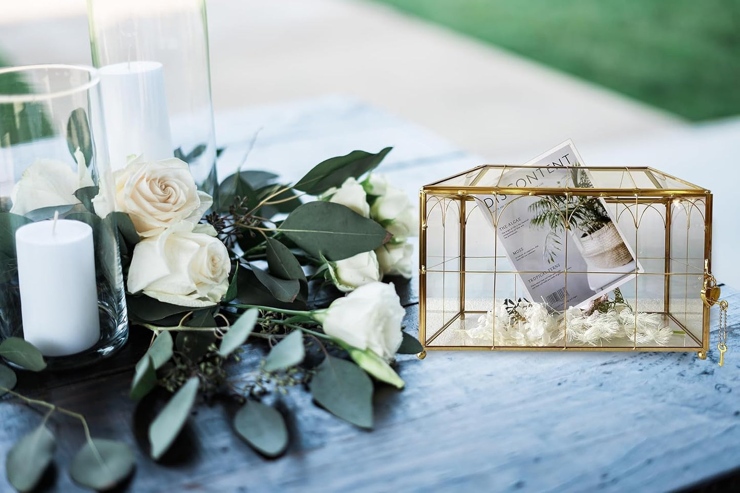 Golden Glass Lidded Box Decorative Jewelry Display Box Brass Clear Glass (Garden Gold with Lock, 10.3" L x 5.9" W x 8.3" H)…