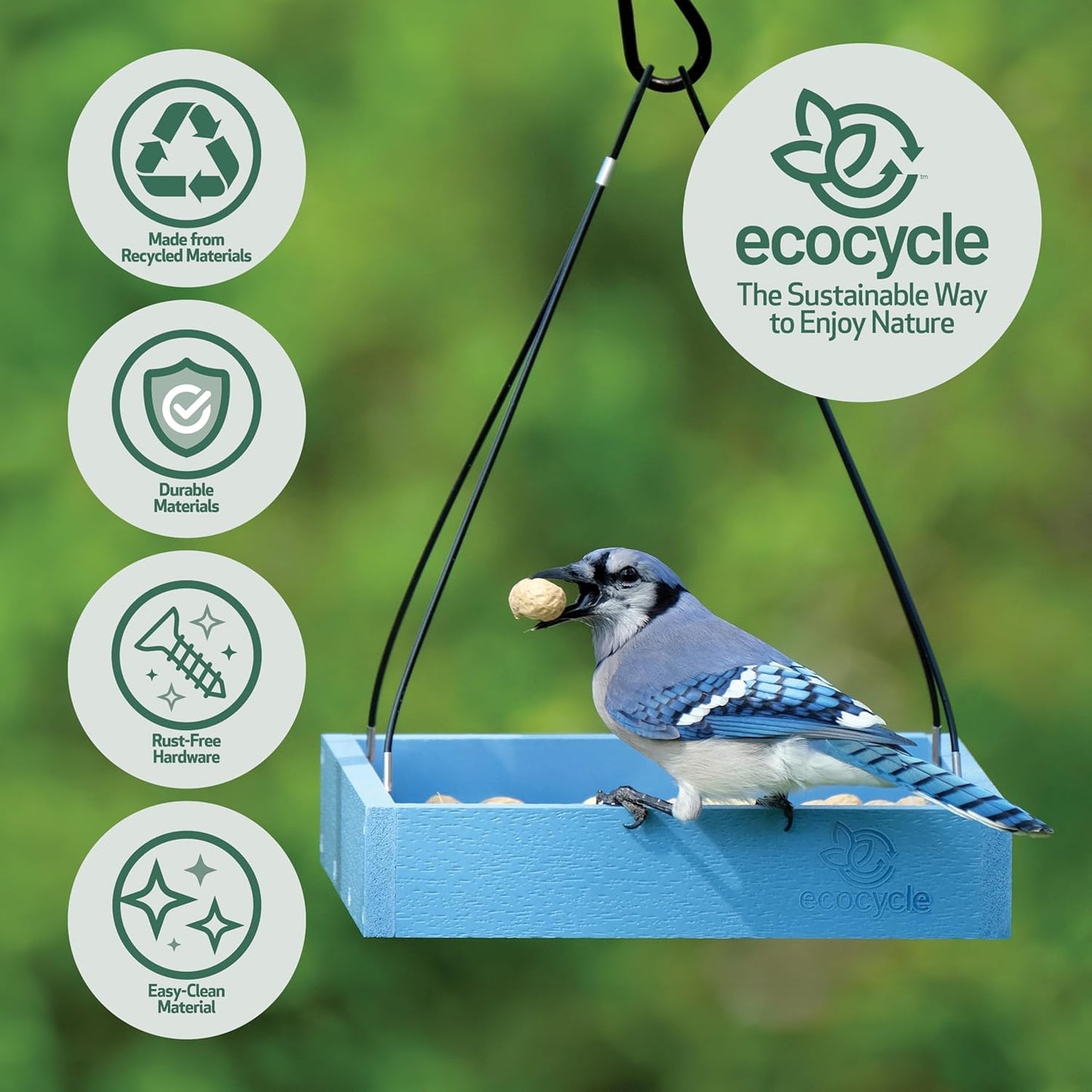 Perfect Picnic Recycled Plastic Bird Feeder with Fresh Seed Tray for Wild Birds and Outdoor Décor, Hanging Tray Feeder, 1.5 Quart Capacity, Blue