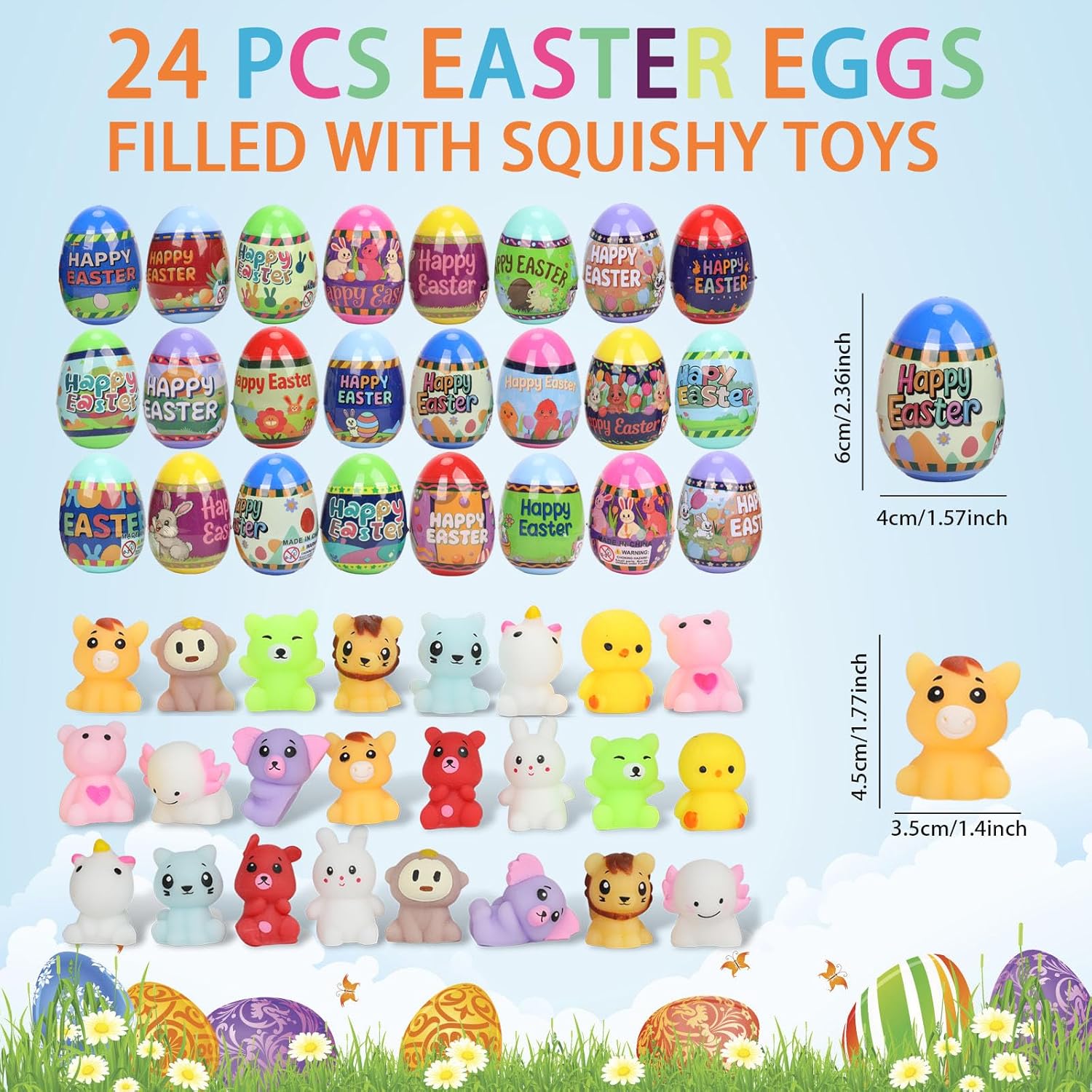 24 Pack Easter Eggs with Cute Animal Squishy Toys Inside,Prefilled Egg