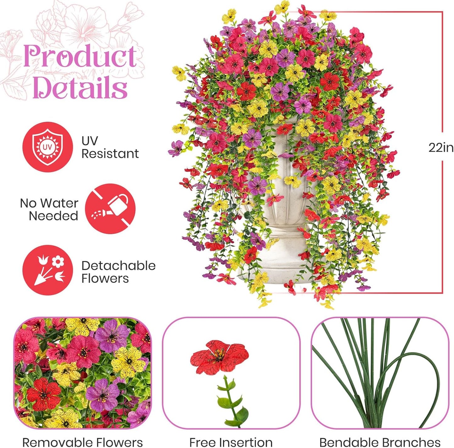 ICX 4 PCS Artificial Hanging Flowers for Outdoors, UV Resistant Artificial Outdoor Flowers, Snake Plant Style Silk Flowers for Pot, Front Door, Porch, Yard, Patio, Window Box, Hanging Basket (Mix)