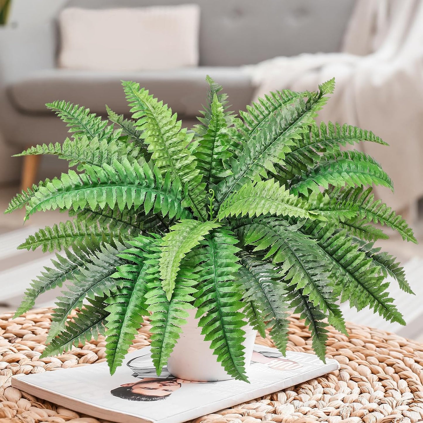 23.6'' Fake Ferns Potted Plant, Artificial Boston Ferns in Pot 34 Leaves, Faux Boston Bush Artificial Greenery for Outdoor Indoor Patio Garden Farmhouse Windowsill Porch Home Decor