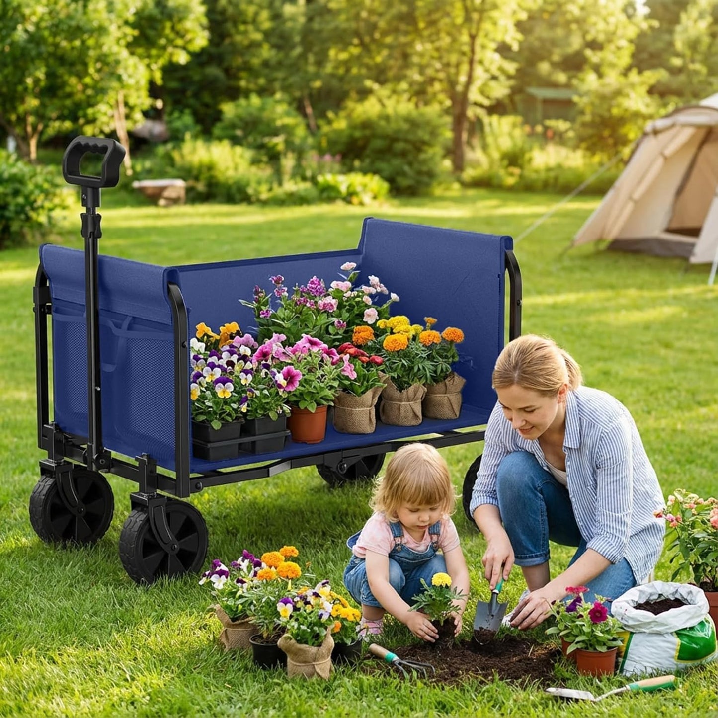 Portable Collapsible Wagon Cart, Foldable Cart with Removable Side, Utility Groceries Wagon for Dogs Pets Camping Beach Shopping Sports Gardeing Fishing, Blue