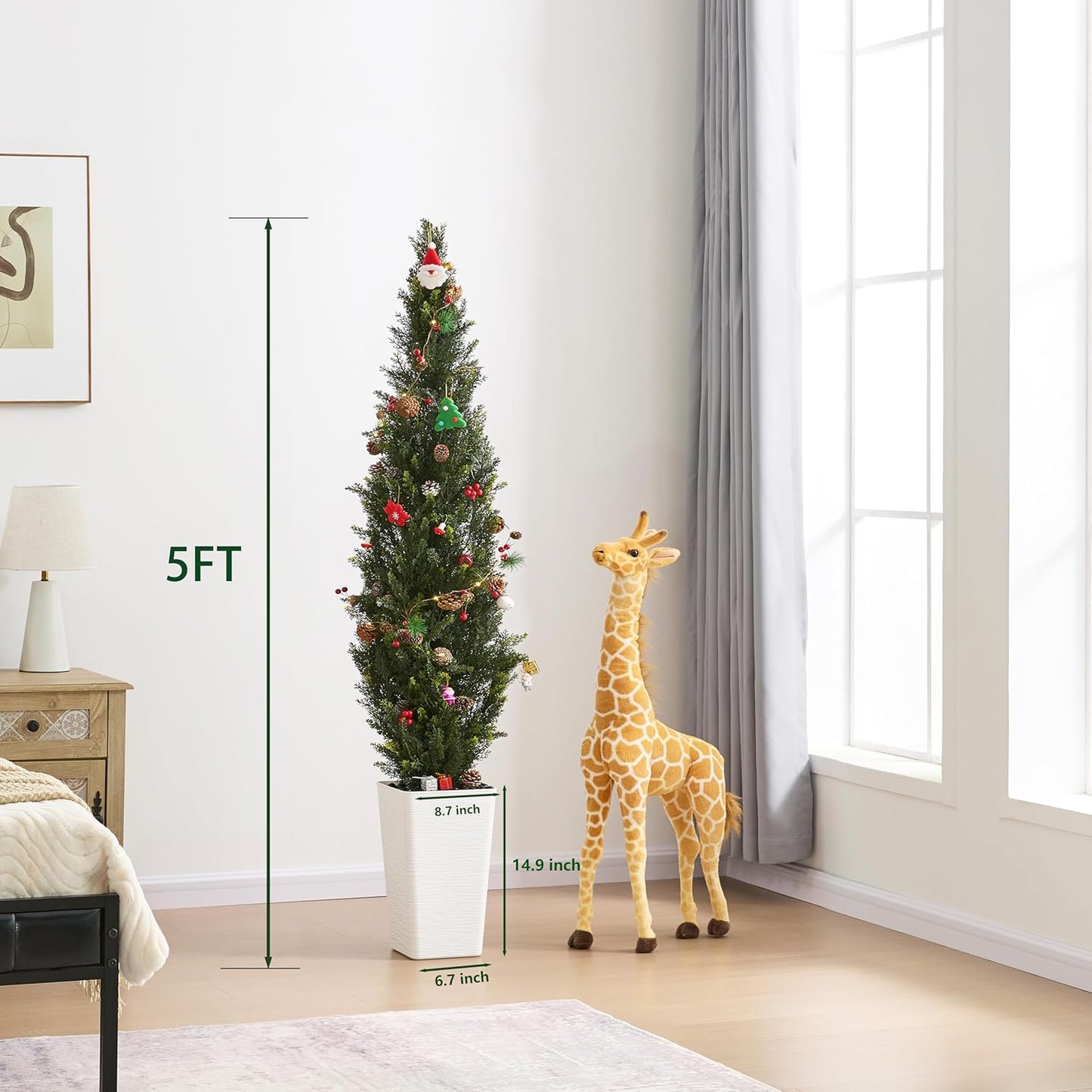 Artificial Cedar Trees 5FT Tall Artificial Bushes Cypress Shrubs, Fake Evergreen Shrubs with Extra Dense Foliage Realistic Potted & Pebbles Faux Plants for Front Porch Outdoor Christmas Tree