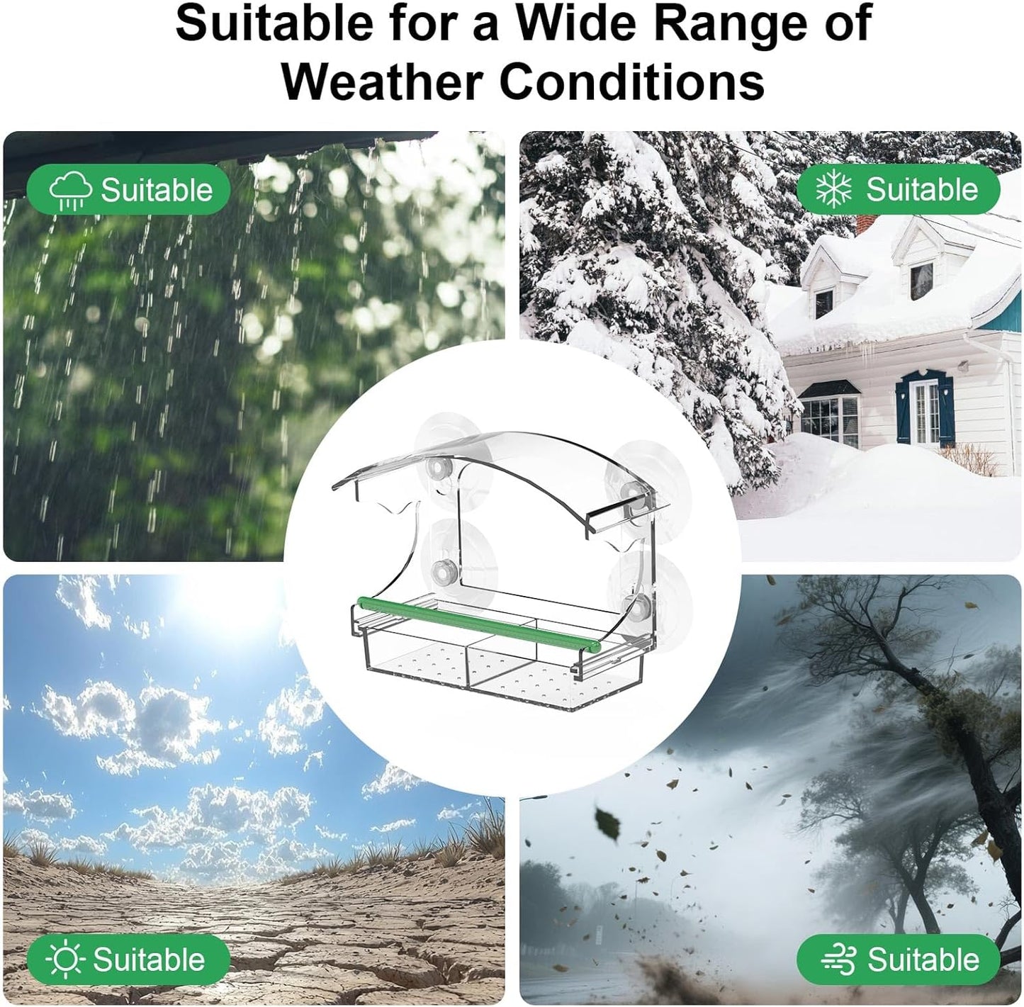 Clear Window Bird Feeder with 4 Strong Suction Cups, Removable Tray & Drain Holes – Ideal for Bird Watching with Cats – Great Gift for Family & Friends