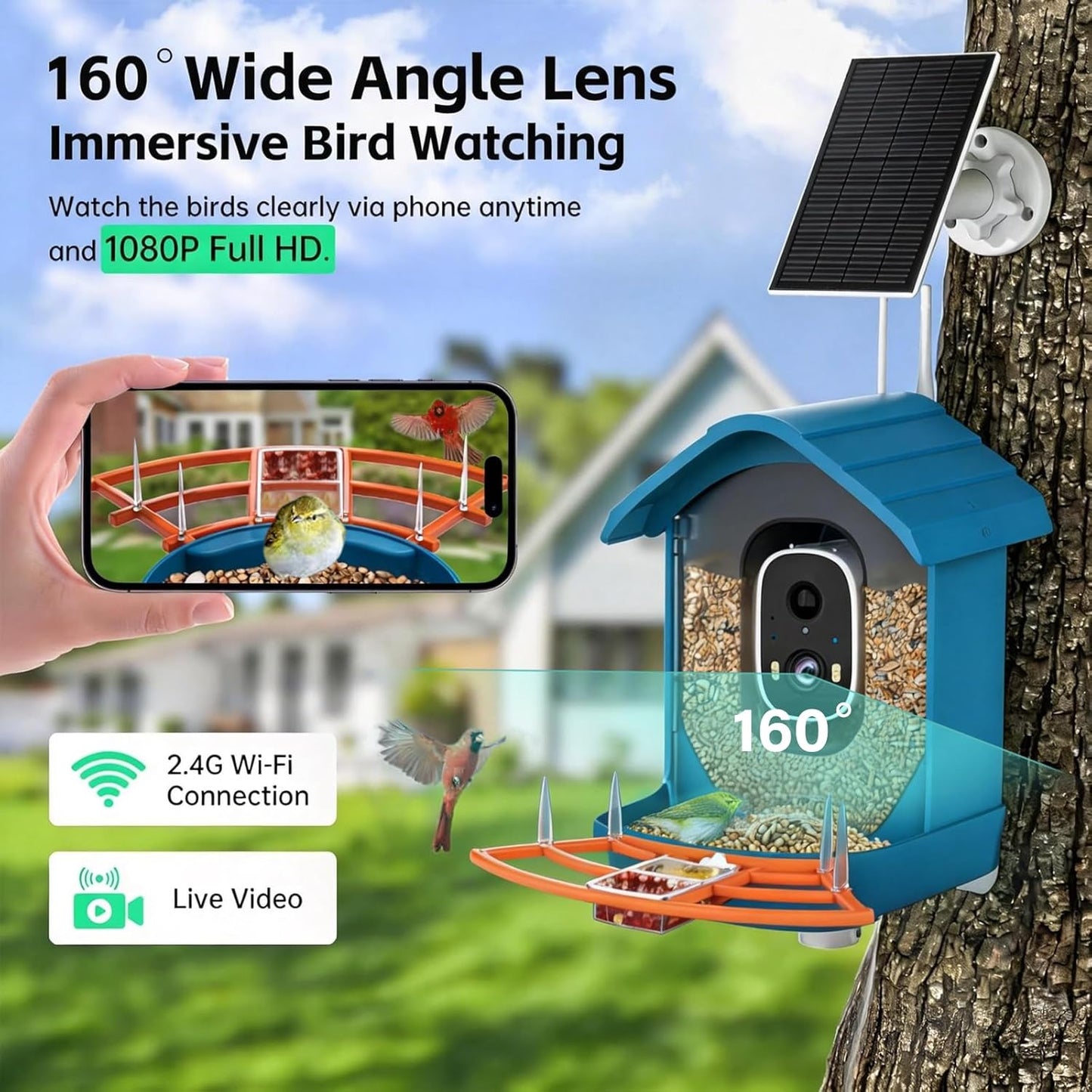 Bird Feeder with Camera, AI Bird Identification, Full HD Live Video, Solar Powered, 2.4Ghz WiFi, Instant Arrival Alerts