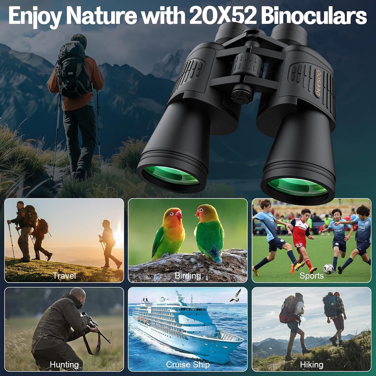 20x52 Binoculars for Adults High Powered - HD Large View Binoculars with Low Light Vision - Professional Binocular for Bird Watching Hunting Travel Cruise Outdoor Sports - Gifts for Women