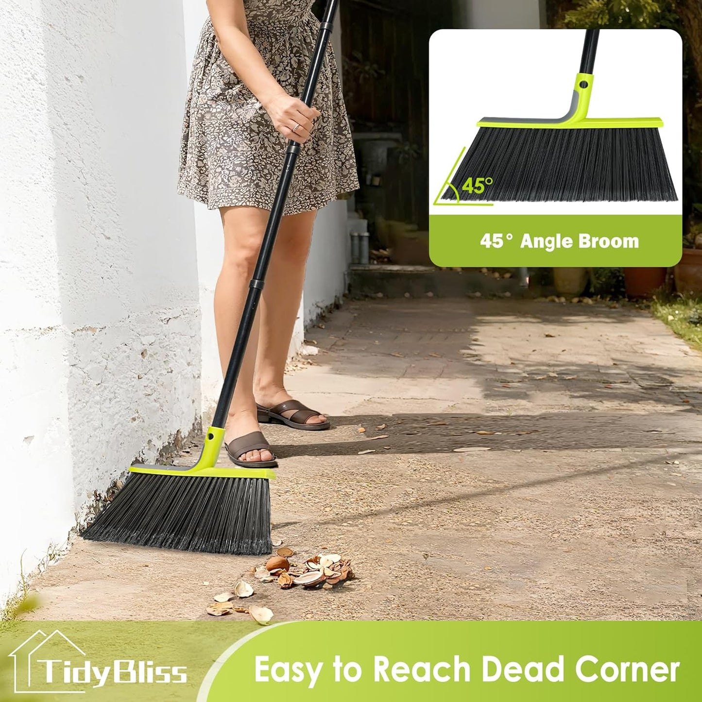 Outdoor Broom Heavy Duty, 56 inches Tall Commercial Soft Bristle Angle Brush for Sweeping Outside Patio Garden Porch Deck Shop Restaurant Garage House Lobby Hardwood Floors (Green)