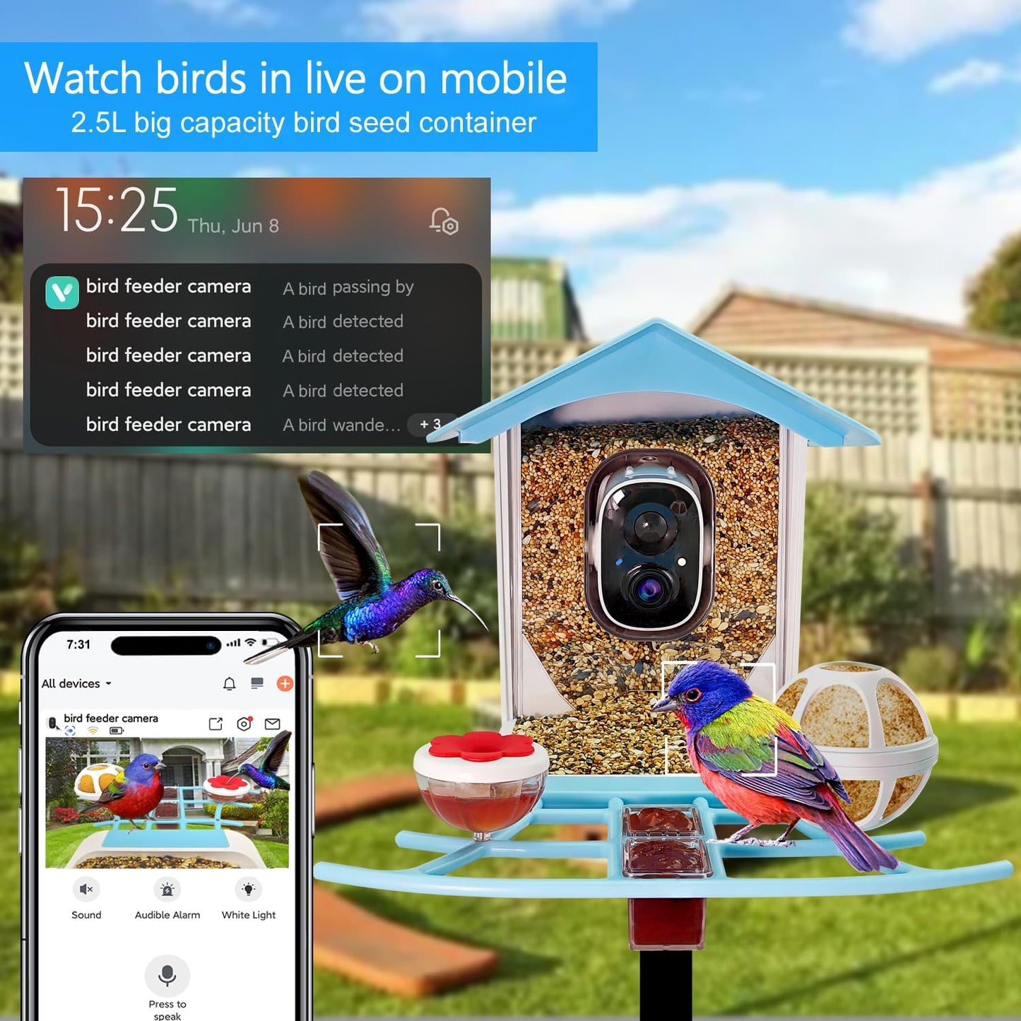 64GB Smart Bird Feeder with Camera Solar Powered, 2K 3MP HD Live Video &Playback on Phone, AI Identify +10,000 Bird Species, 2.4G WiFi Bird Feeder Camera Wireless Outdoor House-Bird Watching (Blue)