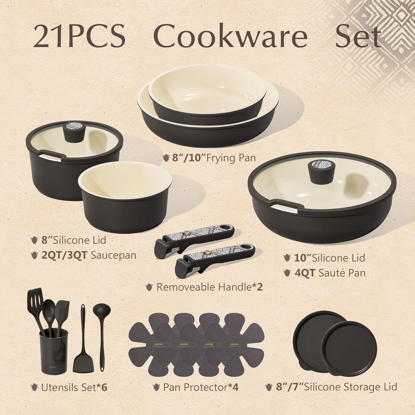 CAROTE 21-Piece Ceramic Cookware Set, Nonstick Pots and Pans Set with 