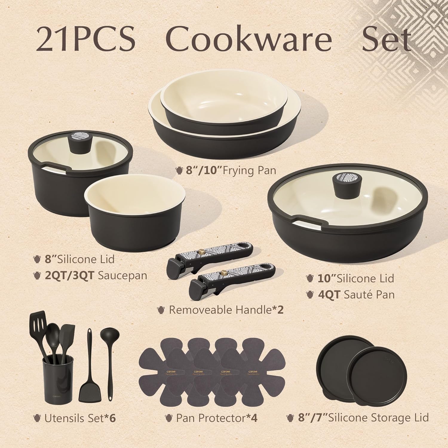 CAROTE 21-Piece Ceramic Cookware Set, Nonstick Pots and Pans Set with 
