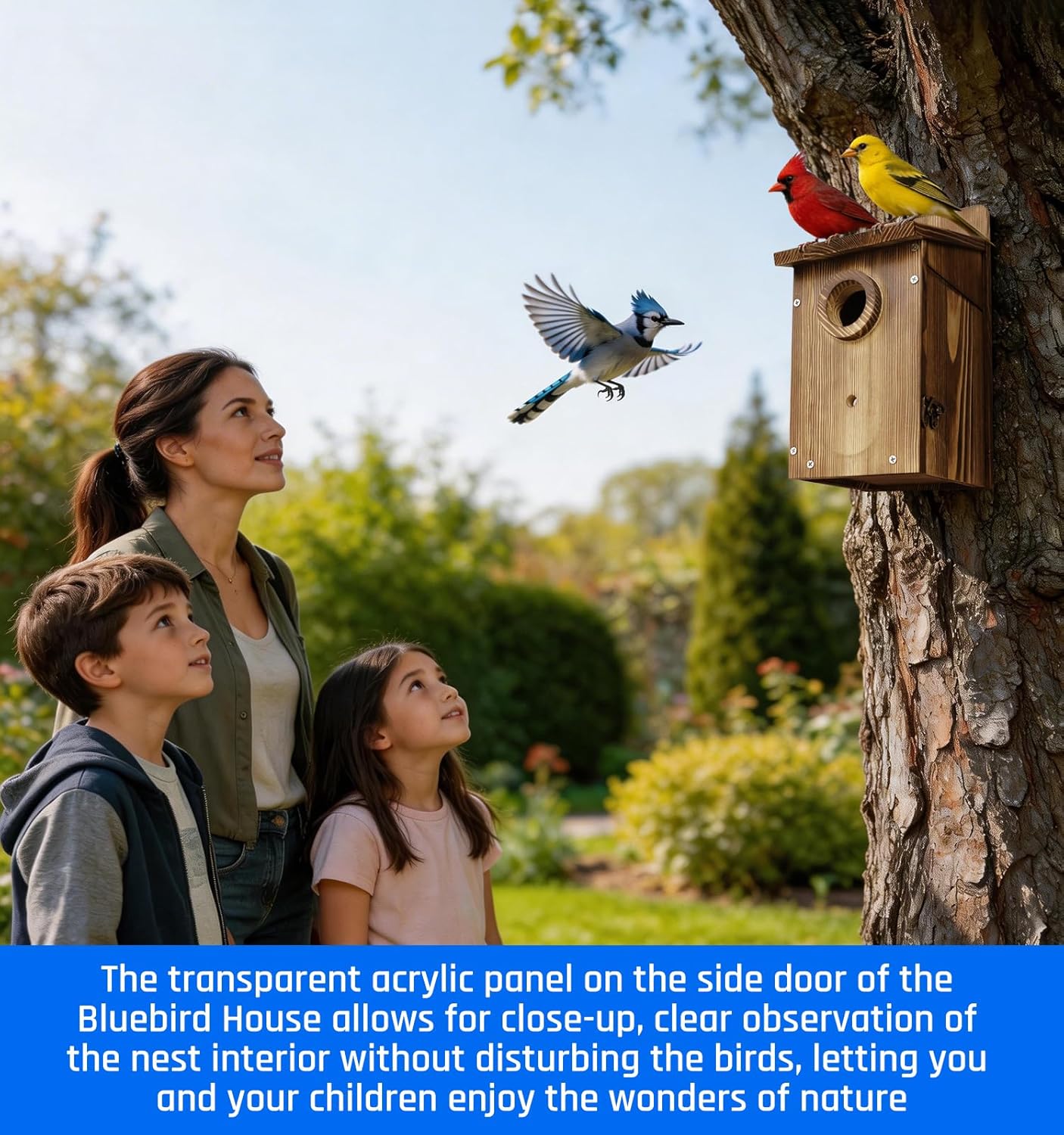 Natural Wood Birdhouse for Outside, Wooden Nesting Box with Circular Entrance Hole and Perch， Blue Bird Houses for Outdoors with Clear View Panel & Predator Guard for Blue Robin, Wren, Swallow