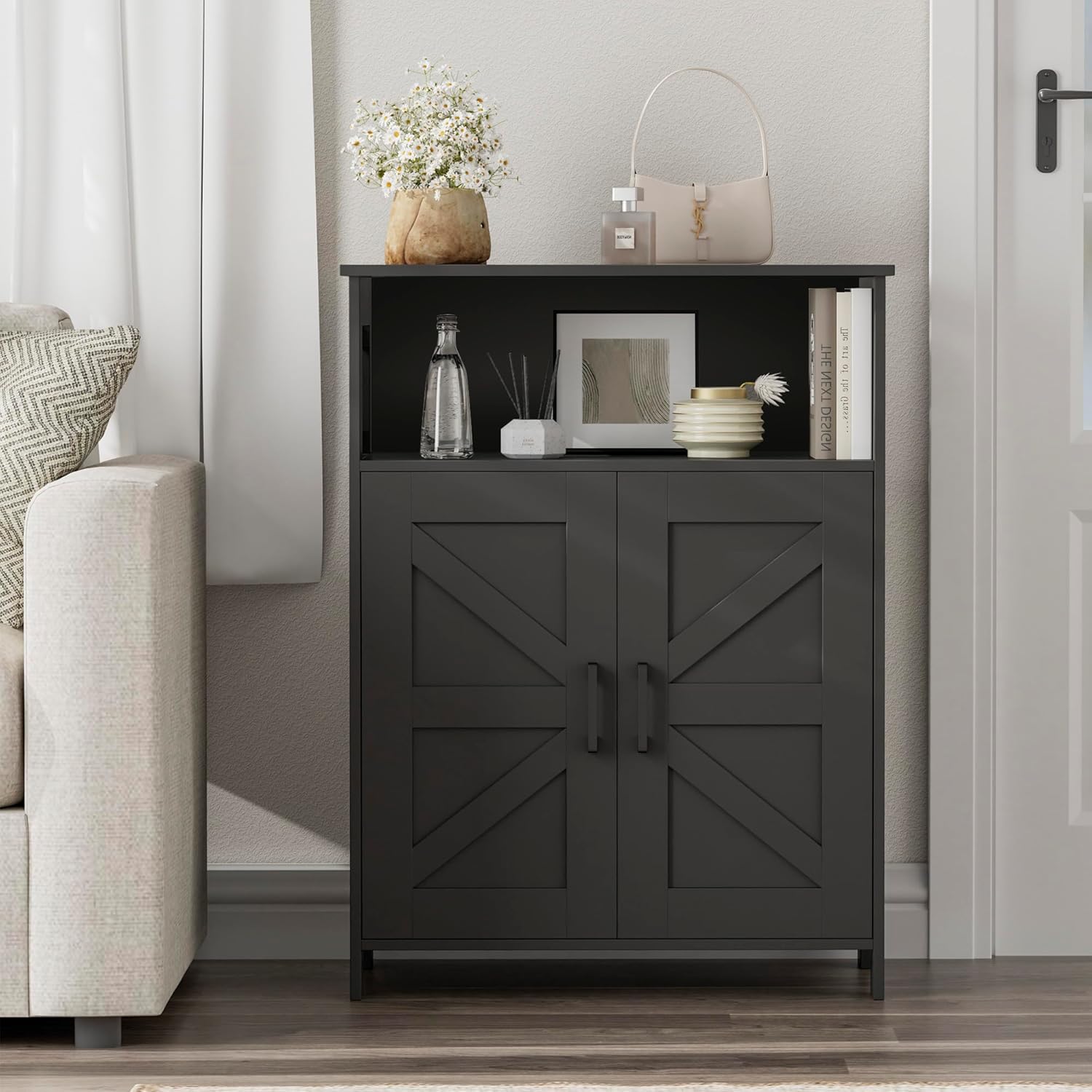 Homhedy Farmhouse Bathroom Storage Cabinet with 2 Doors, Toilet Paper 