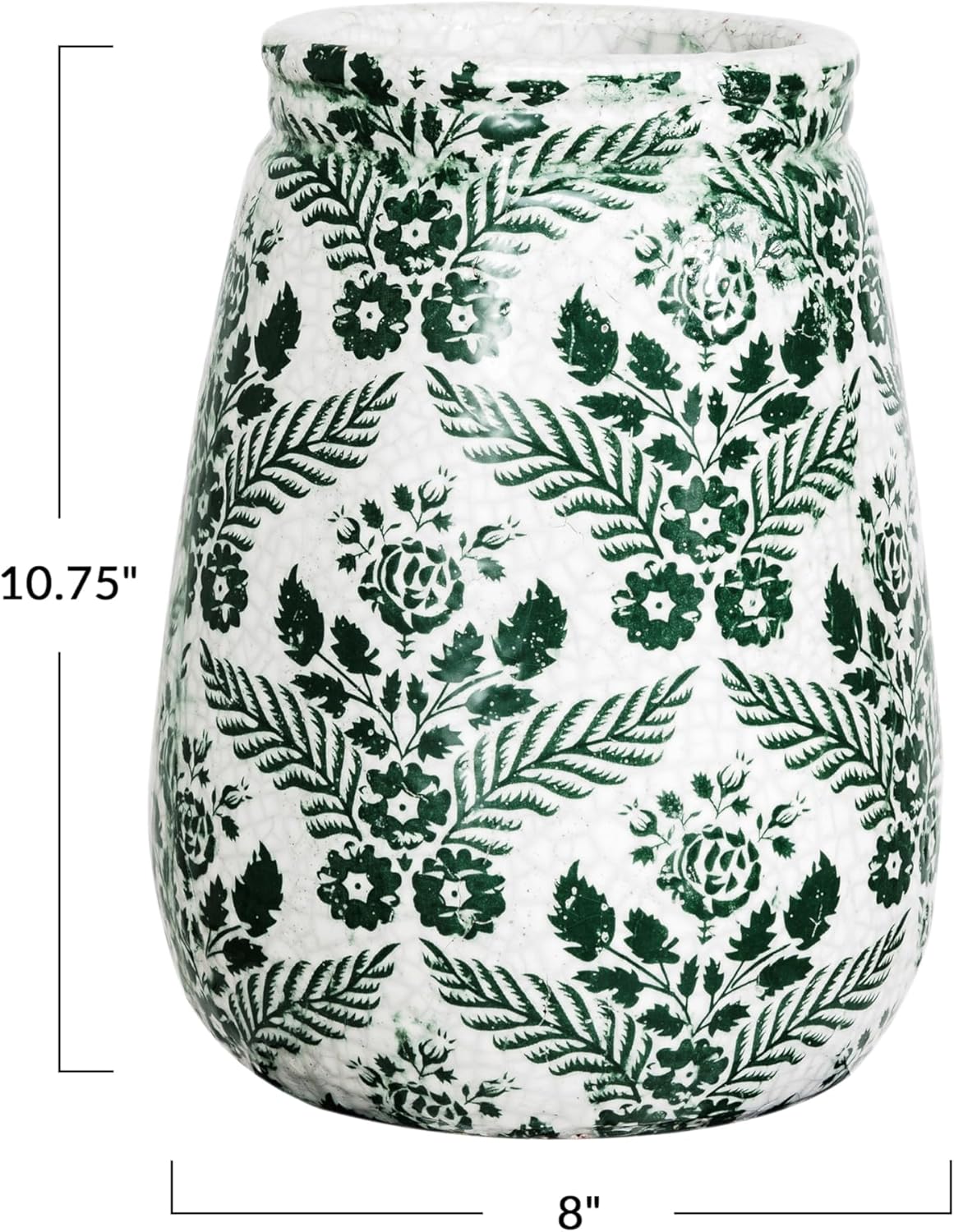 Creative Co-Op Terra-Cotta Planter Vase with Flower Pattern and Crackle Glaze, Green and White