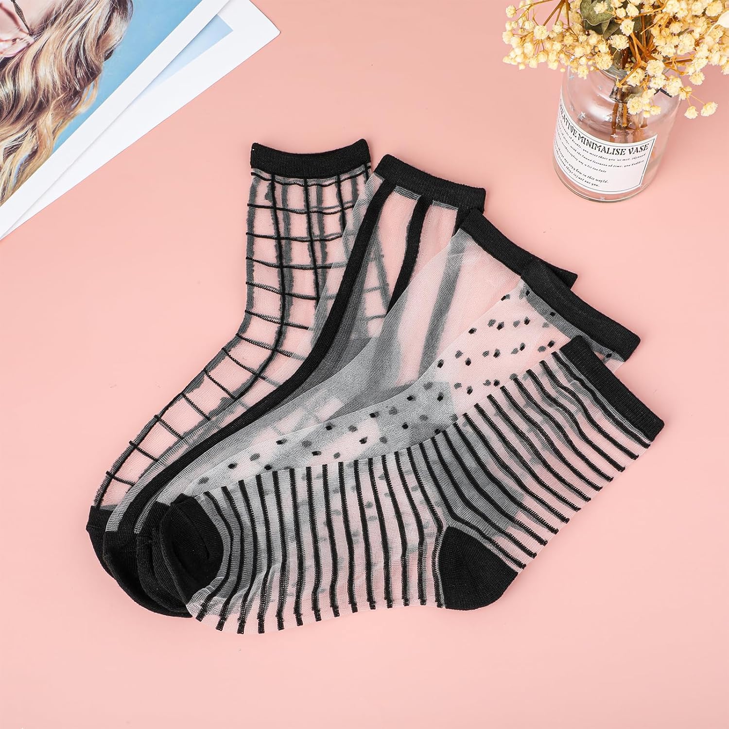 Lusofie 5 Pairs Sheer Black See-Through Socks - Checkered Dot Striped 