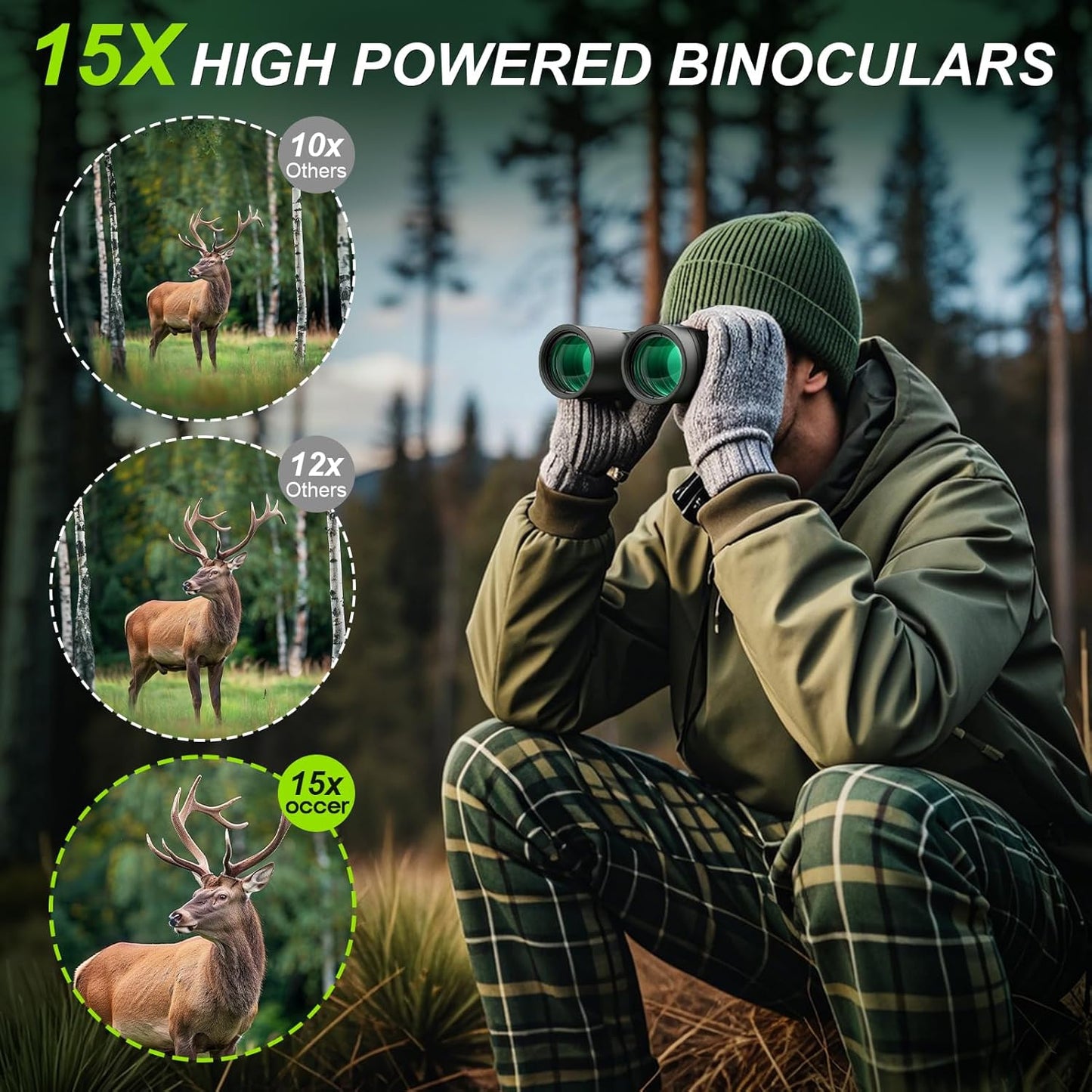 15x42 Binoculars for Adults High Powered - Occer HD Lightweight Travel Hunting Binoculars with Clear Low Light Vision for Bird Watching, Whale Watching, Camping Gifts for Men Women -Green