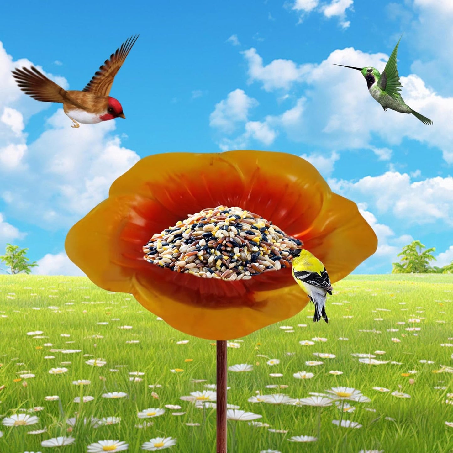 Bird Feeder with Stake Flower Shape Bird Bath 9.5x25in Ground Avian Feeding Station Exquisite Decorative Bath for Outside Yard Garden, Gold Brown