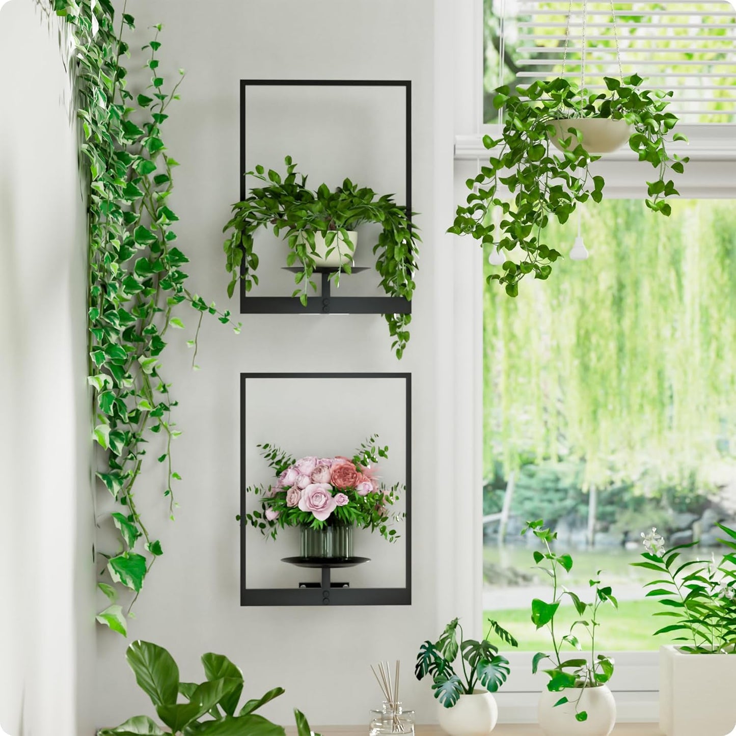 Black Metal Wall Plant Holder - 2-Pack Wall Mounted Plant Stands and H