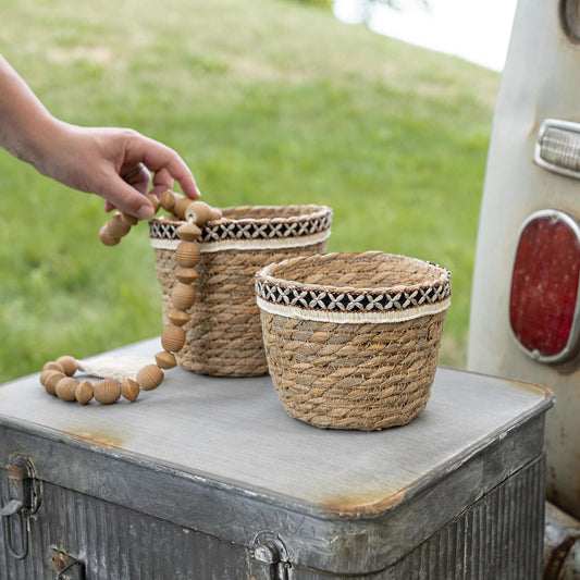Foreside Home and Garden Set of 2 Embroidered Rim Baskets Natural Seag