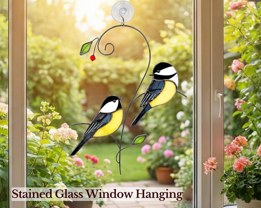 Chickadee (1 Pair) Stained Glass Birds Suncatcher for Mom, Grandma, Women - Real Glass Window Hanging Ornament - Handmade Bird Lover Home Decor (Gifts Ready Packaging)