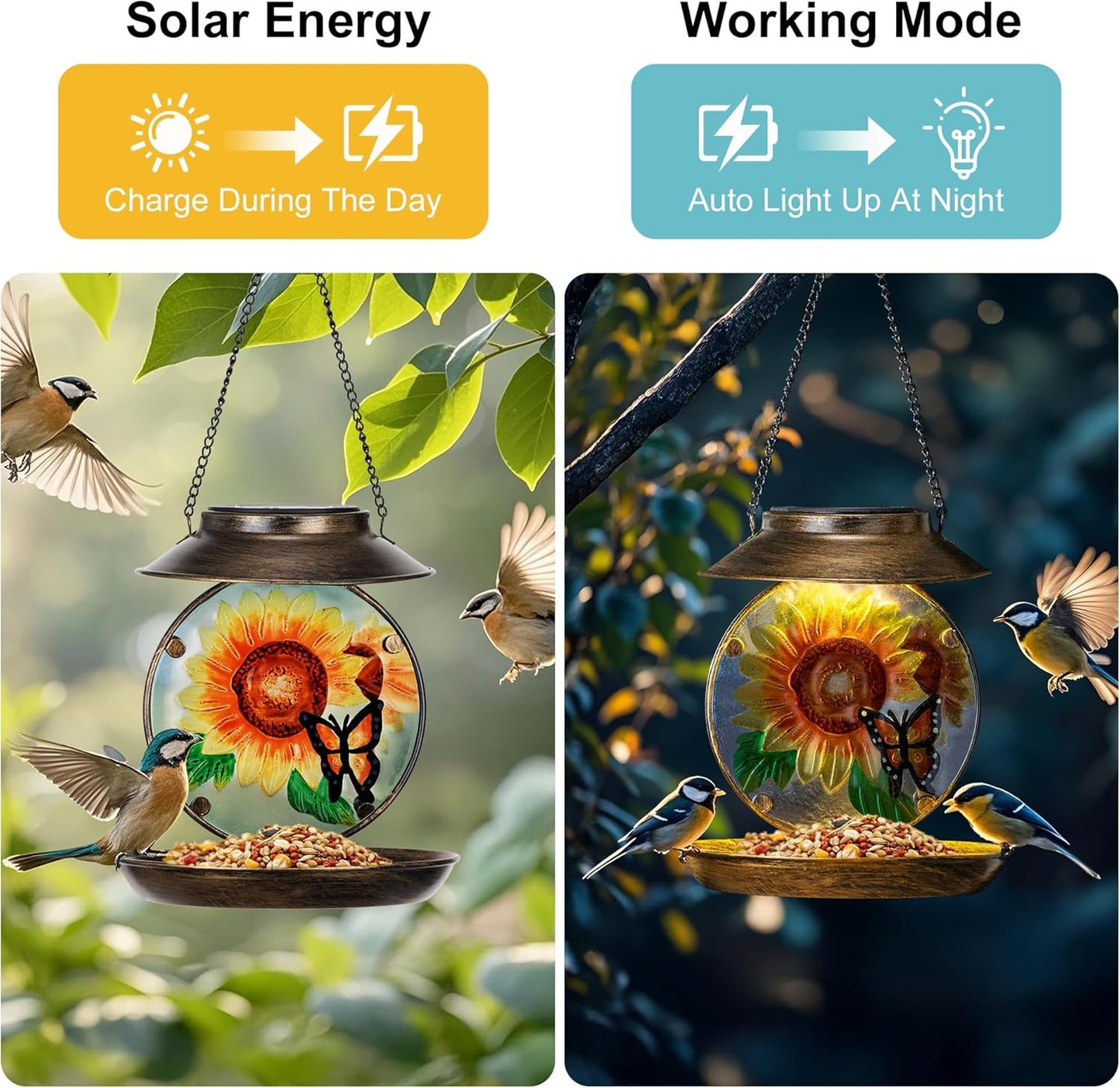 Solar Bird Feeders for Outdoors Hanging, Solar Sunflower Bird Feeder with Led Light Waterproof Metal Birdfeeders Outside Hanging Decorative for Outdoor Garden Yard Patio Backyard