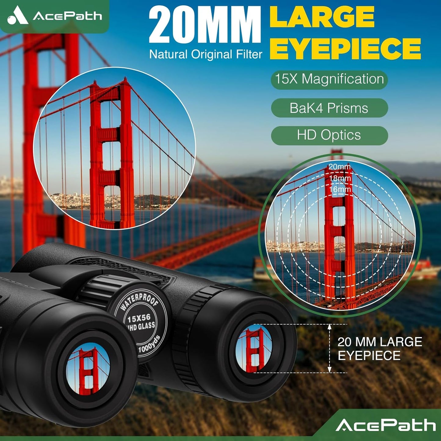 15x56 Binoculars for Adults High Powered - Large View Binoculars with Clear Low Light Vision - Waterproof Compact Binocular for Hunting Camping Cruise Travel Bird Watching
