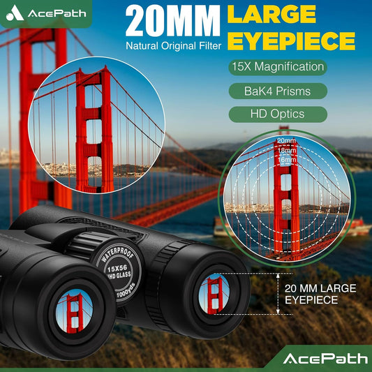 15x56 Binoculars for Adults High Powered - Large View Binoculars with Clear Low Light Vision - Waterproof Compact Binocular for Hunting Camping Cruise Travel Bird Watching
