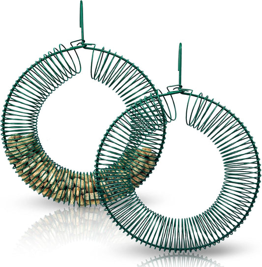 Hugeleaf 2 Pieces Peanut Bird Feeder, Hanging Wreath Feeder Round Metal Whole Wild Bird Feeder with Hanging Hook for Outdoor Birds and Squirrels Feeding, Fat Suet Ball Feeder for Blue Jay, Green
