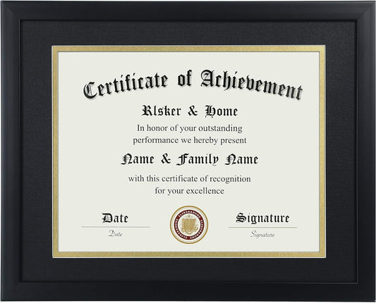 ELSKER&HOME 8.5x11 Certificate Frame - Classic Black Color Frame - Displays Diploma 8.5x11 Inch with Mat - 11x14 Inch Without Mat - For Document/Photo(Double Mat - Matte Black with Gold Rim)