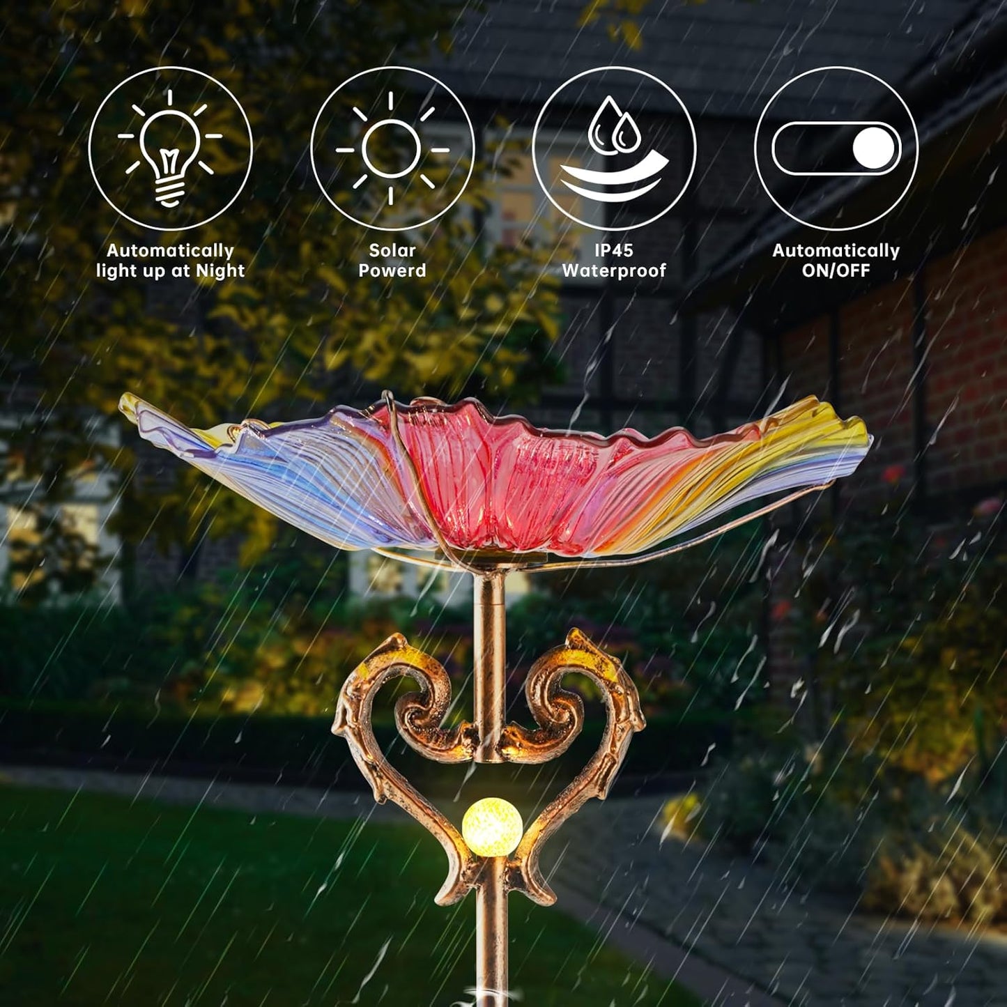 Garden Decor Gifts Solar Glass Blue Bird Bath Yard Art Garden Outdoor Birdbath with Metal Stake with White LED Light Metal Stake Garden for Women