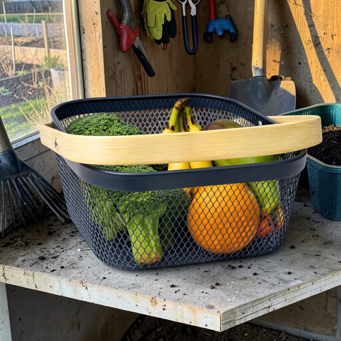 Garden Harvest Basket Gray Mesh Vegetable Hod with Bamboo Handle – Garden Baskets for Harvesting Fruits Vegetables Herbs, Durable Metal Wire Design for Gardeners (Gray Mesh Basket)