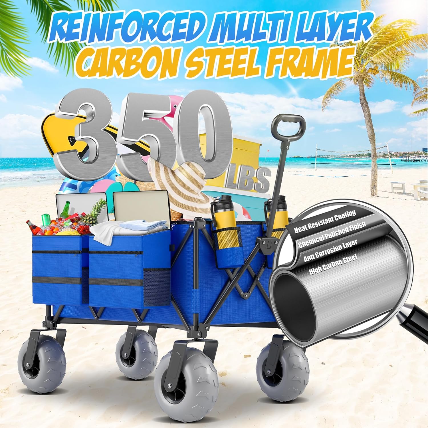 Beach Wagon with Big Wheels for Sand, 350lbs Heavy Duty Folding Wagon,