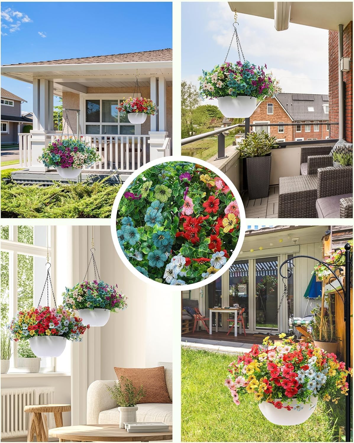 Artificial Hanging Flowers Basket for Outdoors, 30 Pack UV-Resistant Fake Colorful Silk Daisy Flowers (2 White Planters+30 Flowers(Green/Teal/Purple/Blue/Champagne))