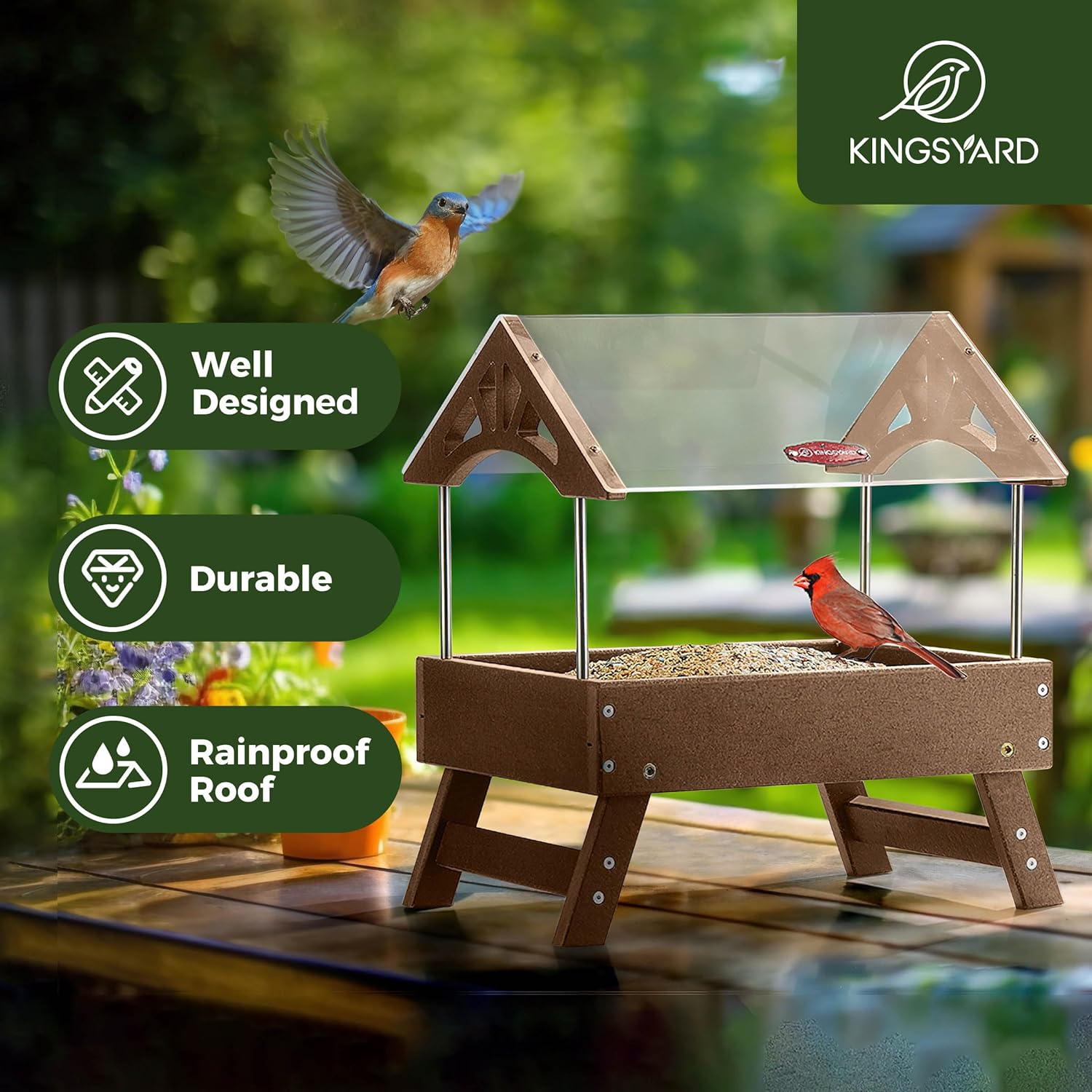 Kingsyard Ground Bird Feeder for Outdoors - Recycled Plastic Platform 