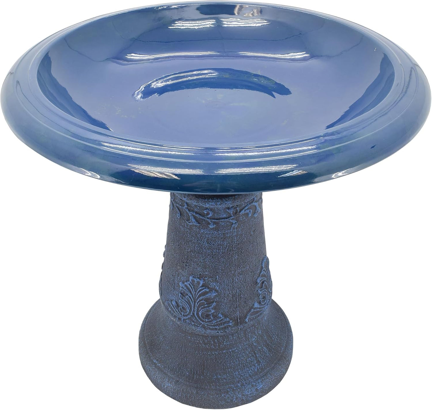 Arcadia Garden Products Fiberclay Bird Bath Outdoor Garden Decor, Antique Vintage Weather Resistant Water Bowl for Backyard and Patio and, 20-inch Tall, Blue