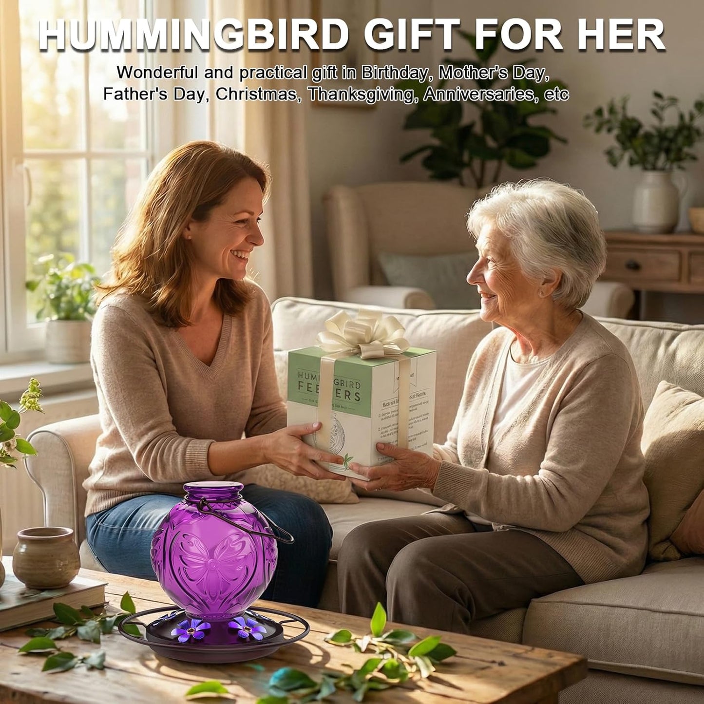 Glass Hummingbird Feeder for Outdoors Hanging, 25Oz Humming Bird Necta