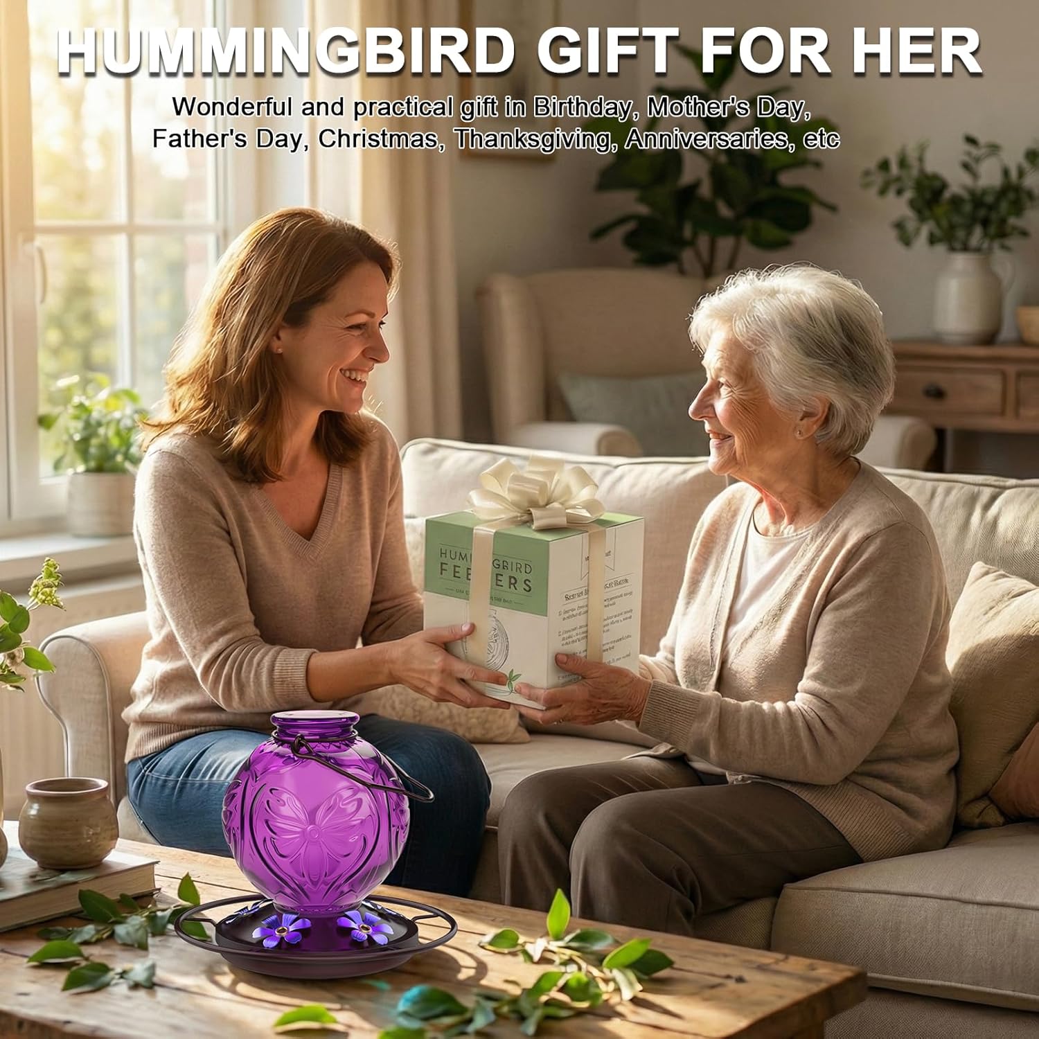Glass Hummingbird Feeder for Outdoors Hanging, 25Oz Humming Bird Necta