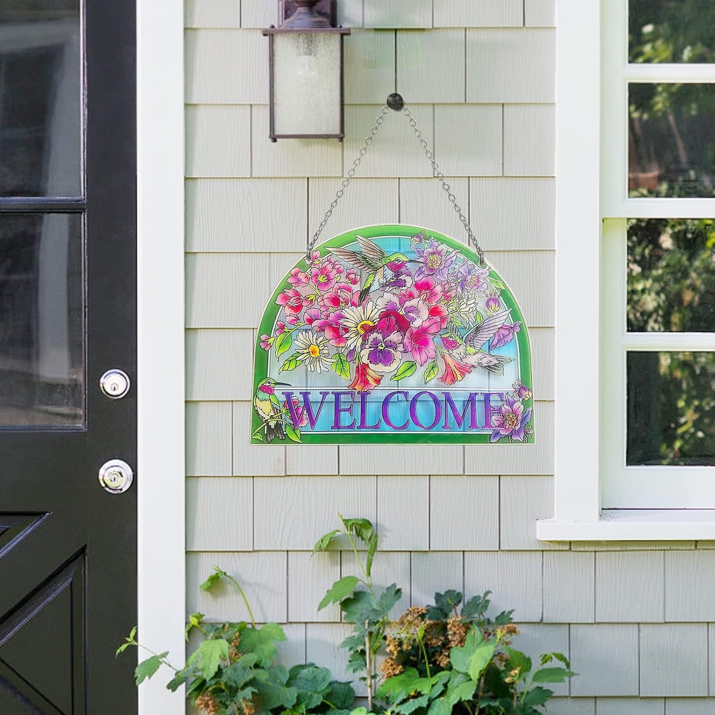 Hummingbird Stained Glass Suncatchers - Welcome Hummingbird Suncatcher, Vibrant Flowers Window Hanging, 7.8''*6.5'', Stained Glass Birds with Suction Cup, Mom Gift