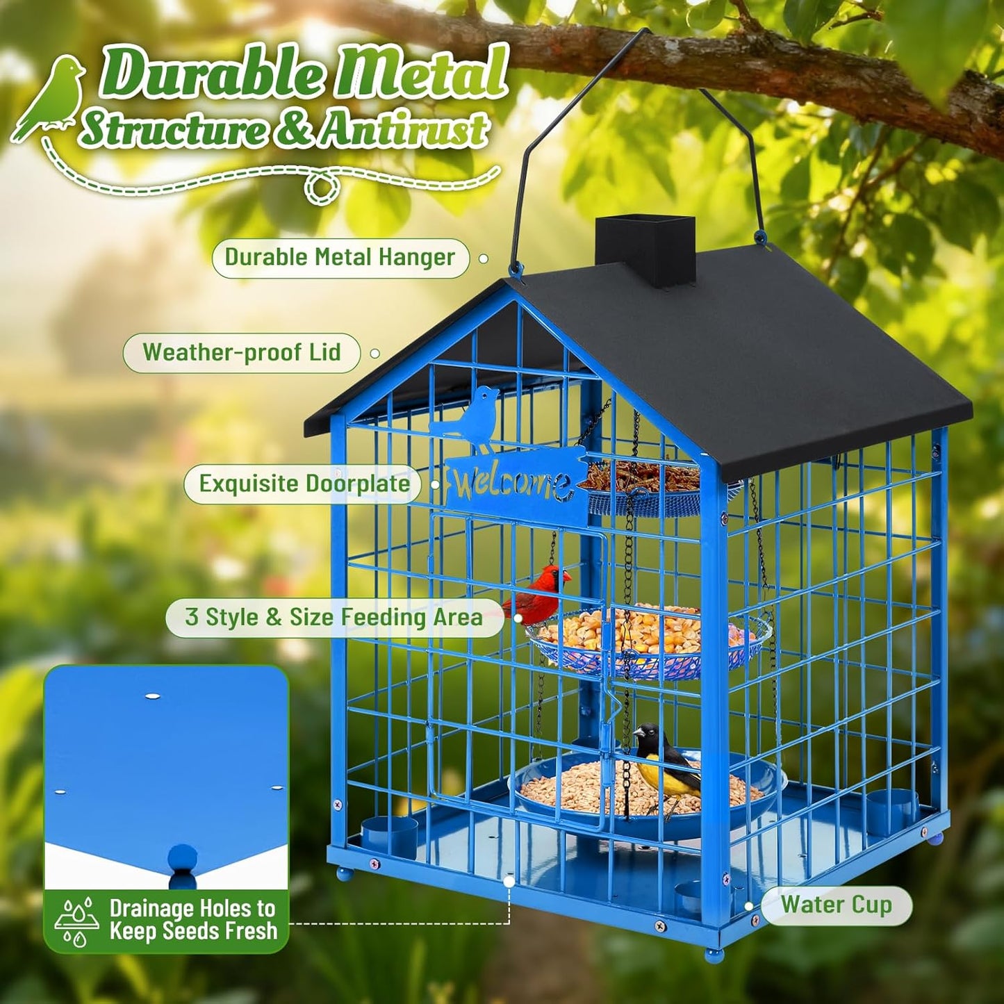 Bird Feeders for Outdoors, Metal Bluebirds Bird Feeder, Huge Caged Squirrel-Proof Bird Feeders with 4 Cups, DIY Wild Bird Feeders Outdoor Hanging, Attract Small Birds, 3 Layer Seed Tray (Blue)