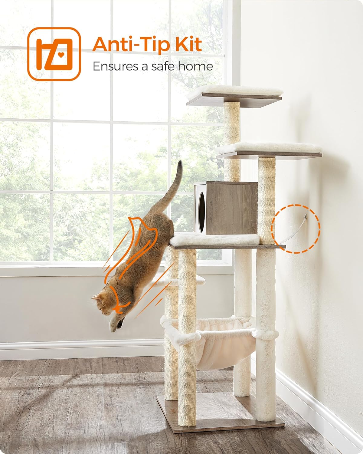 Feandrea Cat Tree, 56.3-Inch Modern Cat Tower, Multi-Level Plush Condo