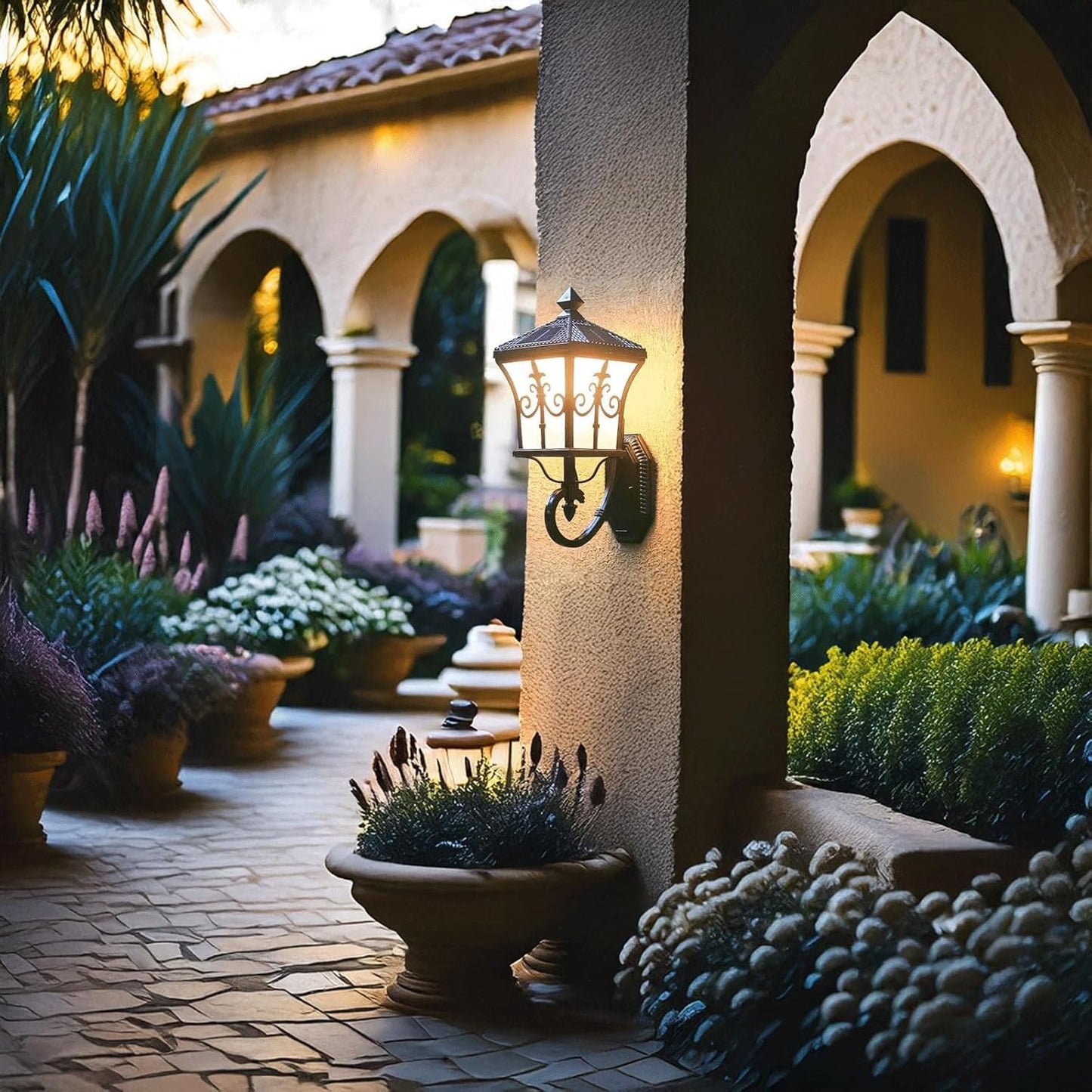 Solar Outdoor Wall Lantern, Black Die-cast Aluminum Exterior Wall Sconce Lamp with Acrylic Shade and Vintage Scrolls, LED/E27 Dual Sources for Garden, Porch, Patio, Villa, Yard, Pathways