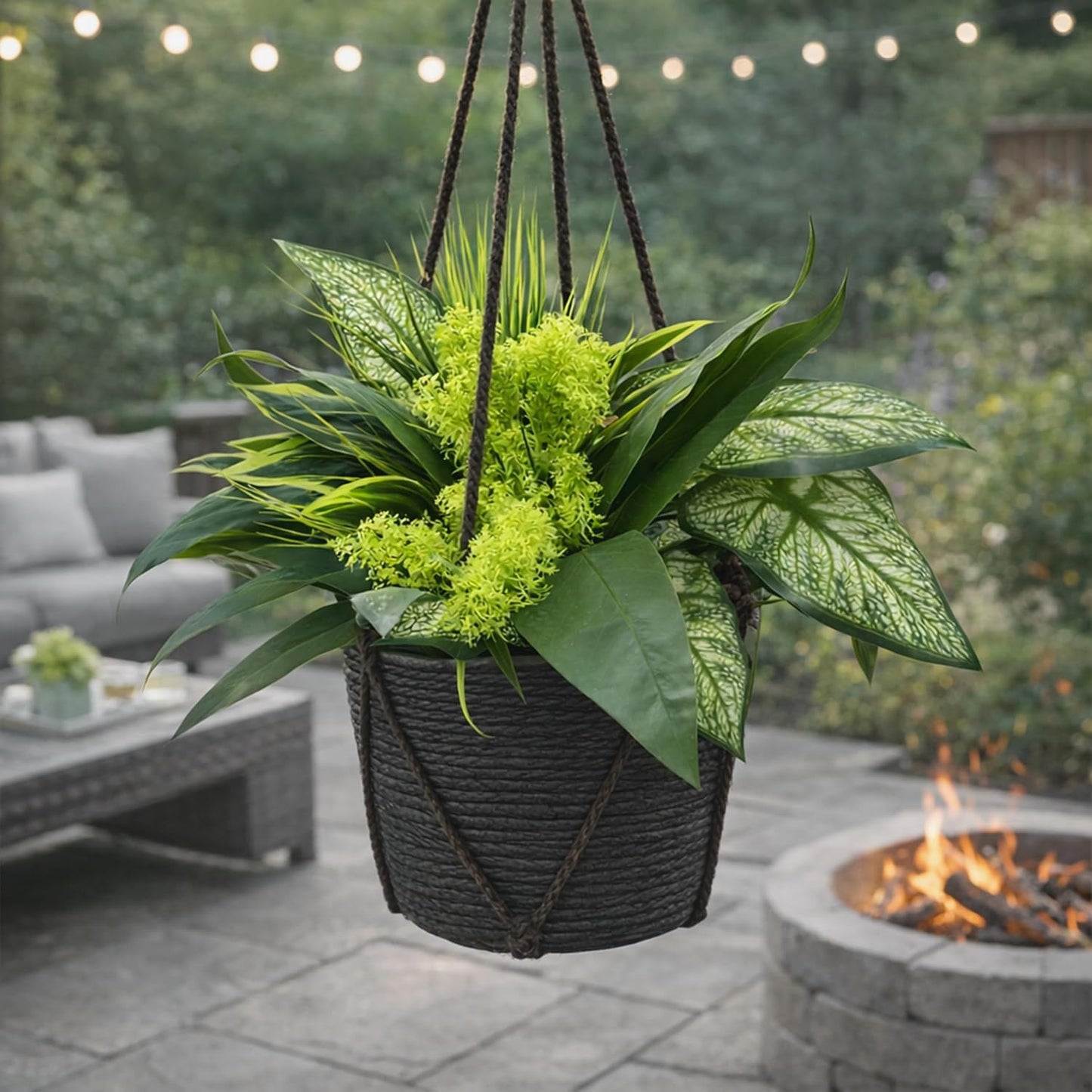 Artificial Plants, Green Foliage Arrangement with Planter Pot, UV Resistant Plastic, 15x11x4 Inches, Outdoor Patio Decoration
