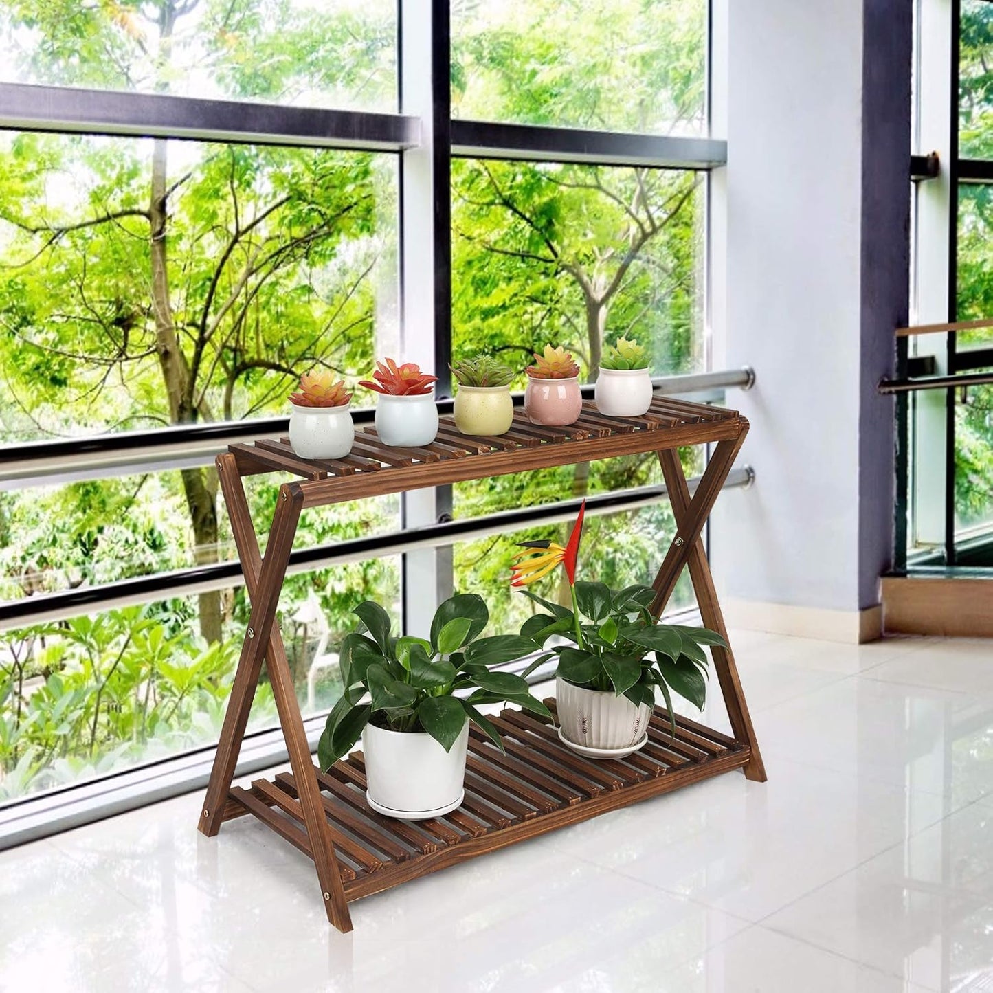 Wood Plant Stand Indoor Outdoor 2 Tiers Flower Stand Corner Stepped Pl