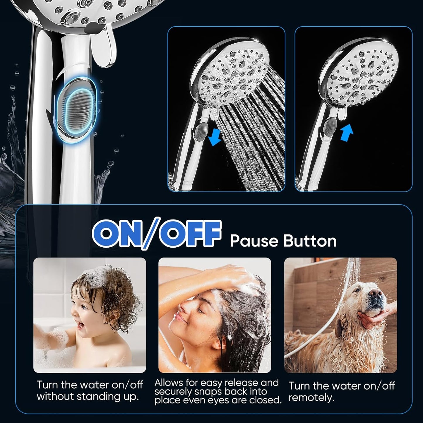 Cobbe High Pressure Shower Head with Built-in Pause Button, 9-Function Detachable Showerhead with Handheld Brass Swivel Bracket & Stainless Steel Hose, Water Saving 1-Click Stop, Chrome