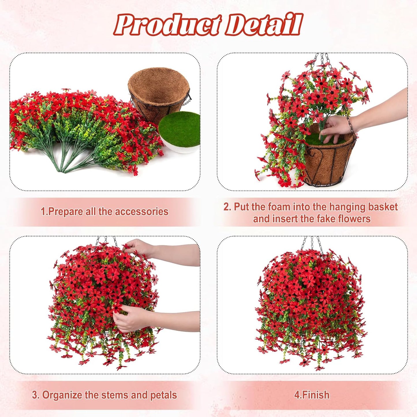 Artificial Fake Spring Summer Hanging Flowers Plants with Basket Outdoor Flower Decor, Faux Silk Colorful Daisy in Metal Coconut Lining Pot Plastic Decor Farmhouse Home Garden (Red)