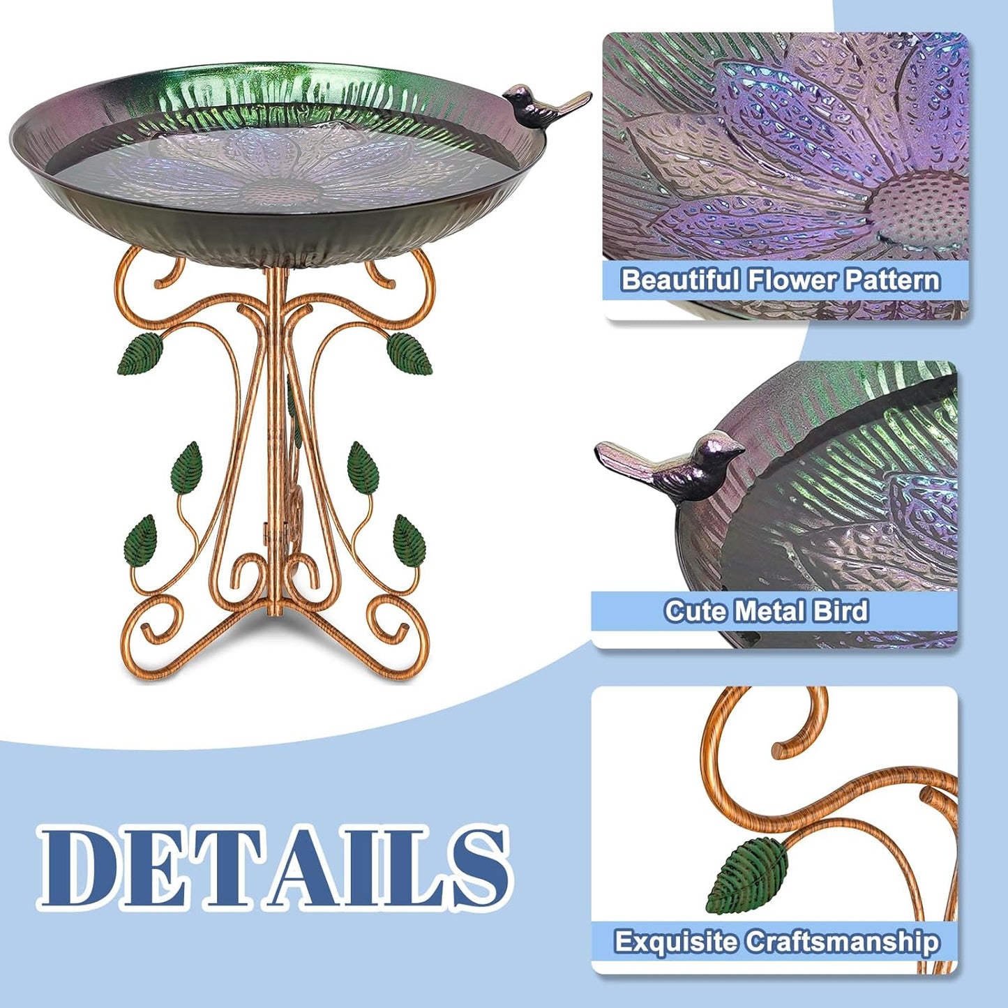 Vintage Metal Bird Bath for Outside, 13" Dia Birdbaths Bowl with Cast 