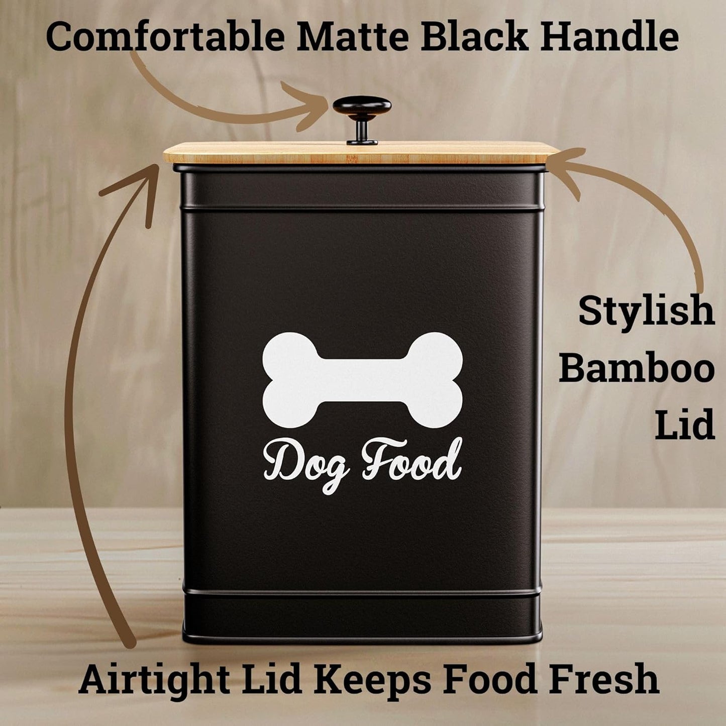Dog Food Container Airtight 5-7 lb (25 Cup) Capacity - Cute Airtight Dog Food Storage Container with Bamboo Lid & Sturdy Metal Handle - Black Metal Kibble Storage Bin for Dogs up to 50 lbs - Pet Jar