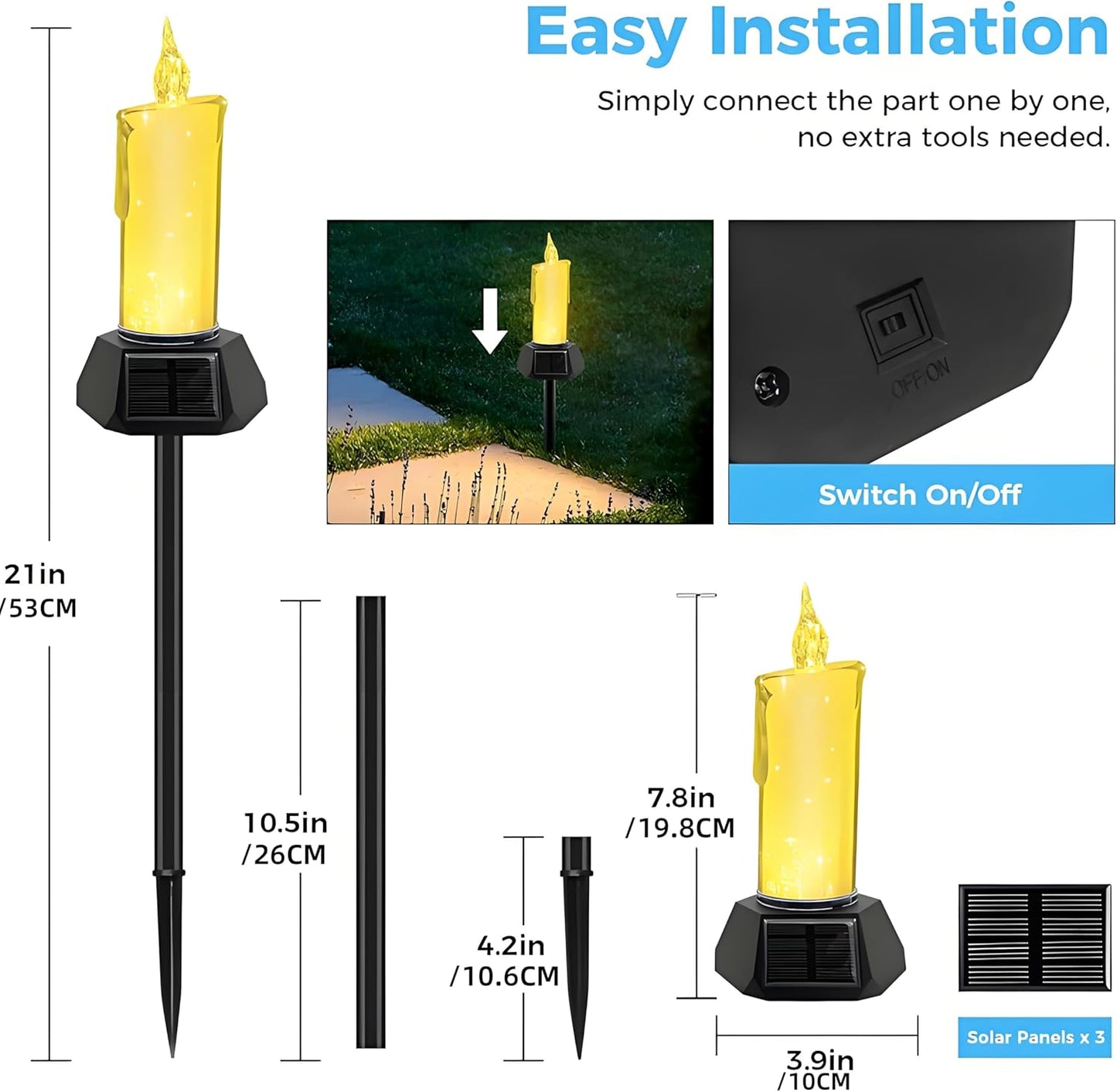 Mengshen Solar Candle Light Crystal Style with 3 Panels IP65 Waterproof Auto On/Off LED Flame Effect Includes Ground Stake for Garden