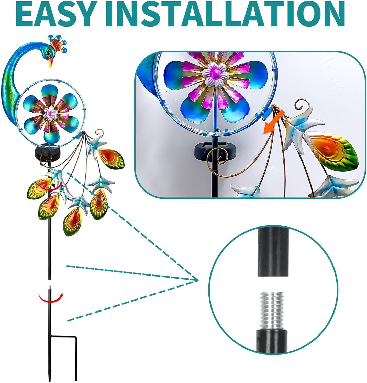 Wind Spinners Outdoor for Yard and Garden - Wind Sculptures & Spinners - 41 Inch Wind Spinner with Solar Powered Multi-Color Light for Yard Garden Backyard Lawn Peacock Decorations
