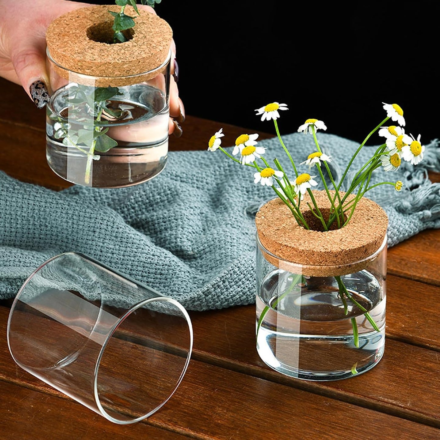 Clear Glass Planter Vase with Wooden Lid and Bamboo Stand for Hydroponic Plants, Succulents, Cut Flowers Gifts for Women Mom Plant Lovers (1, 2.55 * 3.93inch)
